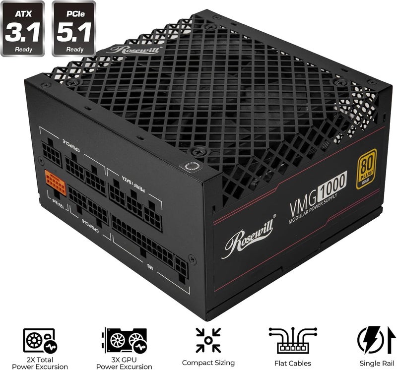 Rosewill VMG 1000W 80+ Gold, ATX 3.0 & 3.1 Compatible, Full Modular Low-Noise Power Supply, PCIe 5.1 12V-2x6 Connector, 100% Japanese Electrolytic Capacitor, 120mm FDB Silent Fan - 5 Year Warranty - Image 2